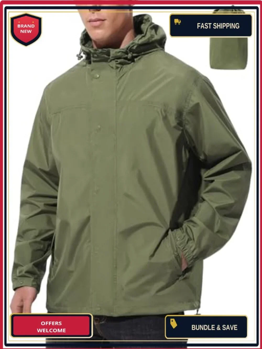 UIQUR Men's Lightweight Packable Waterproof Rain Jacket Windbreaker